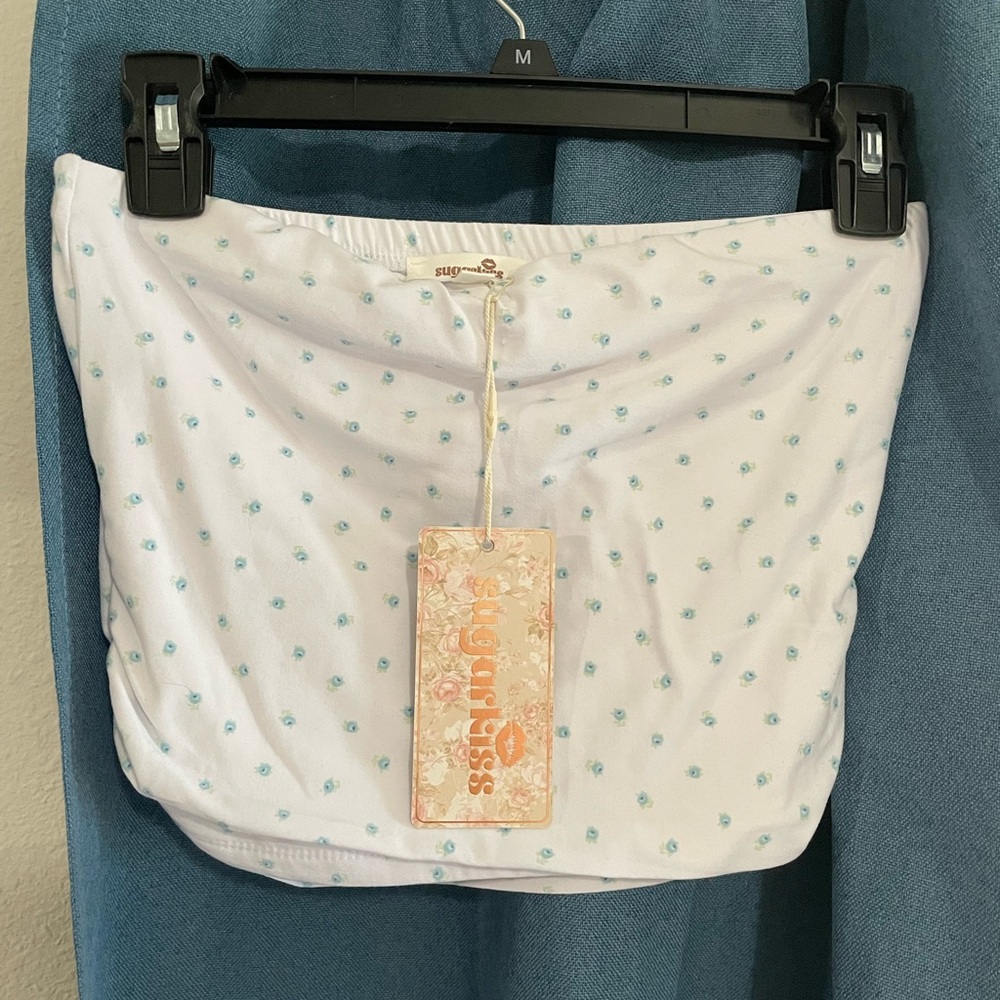 Sugarlips White Top with Blue Floral Accents Size M| Sexy| Summer Beach |